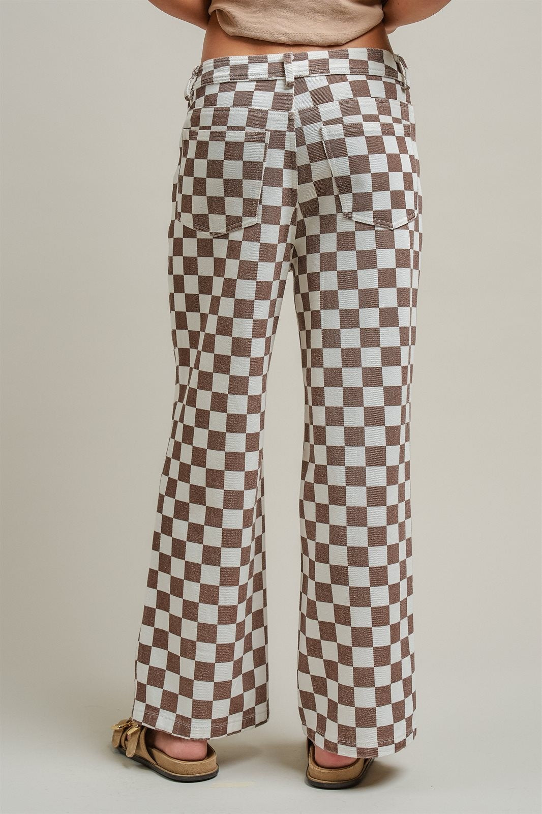 Vintage Wash Checker Print Wide Leg Pants High Rise Y2K West in Ivory Brown - Women's Wholesale Pants | Trend Notes