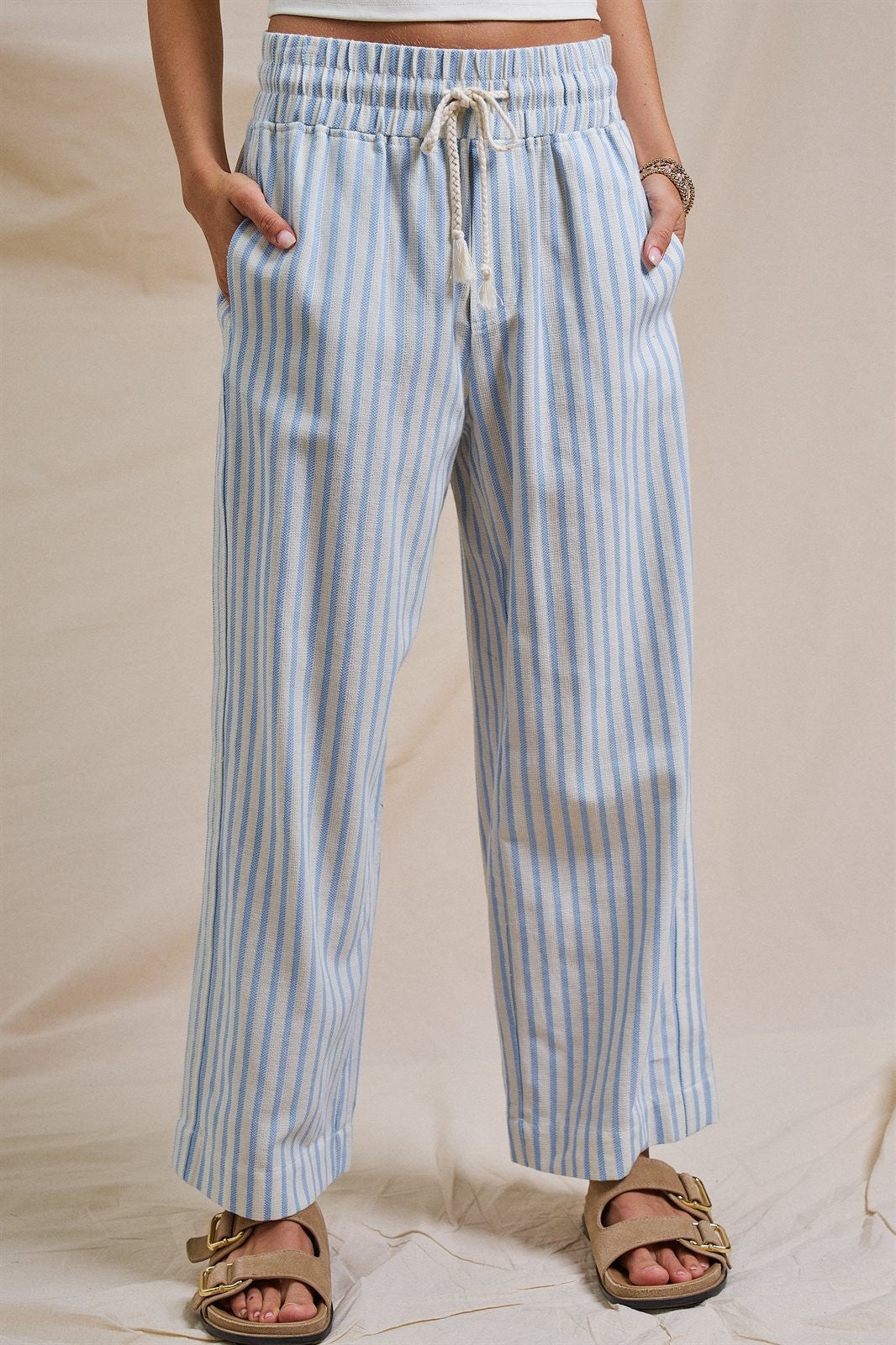 Blue White Stripe Wide Leg Drawstring Pants in Ivory Blue - Women's Wholesale Pants | Trend Notes