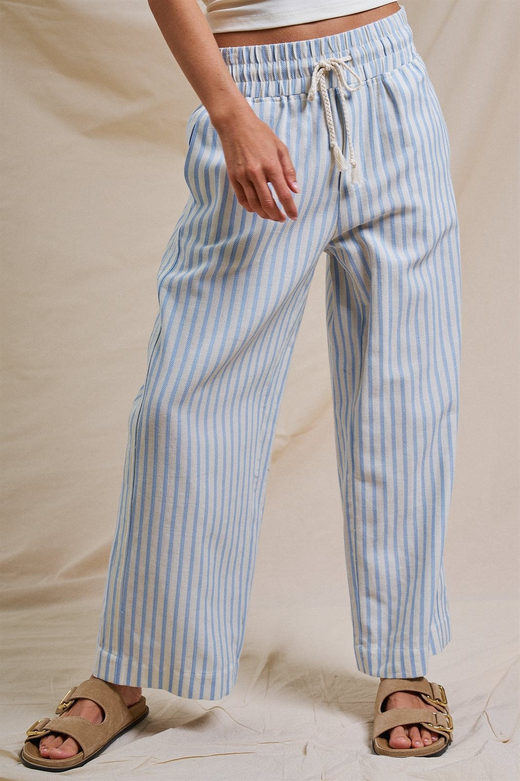 Blue White Stripe Wide Leg Drawstring Pants in Ivory Blue - Women's Wholesale Pants | Trend Notes