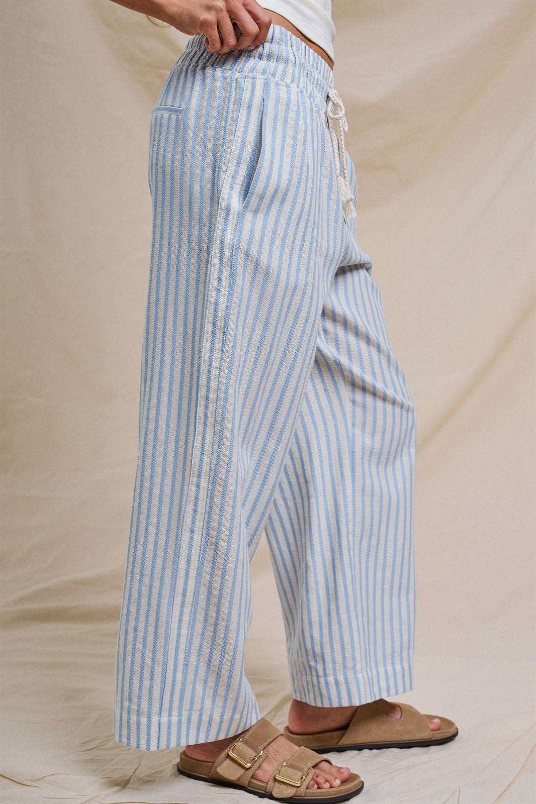 Blue White Stripe Wide Leg Drawstring Pants in Ivory Blue - Women's Wholesale Pants | Trend Notes