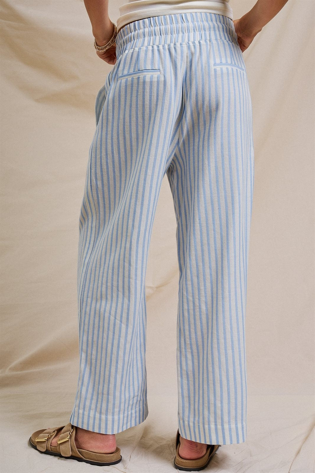Blue White Stripe Wide Leg Drawstring Pants in Ivory Blue - Women's Wholesale Pants | Trend Notes