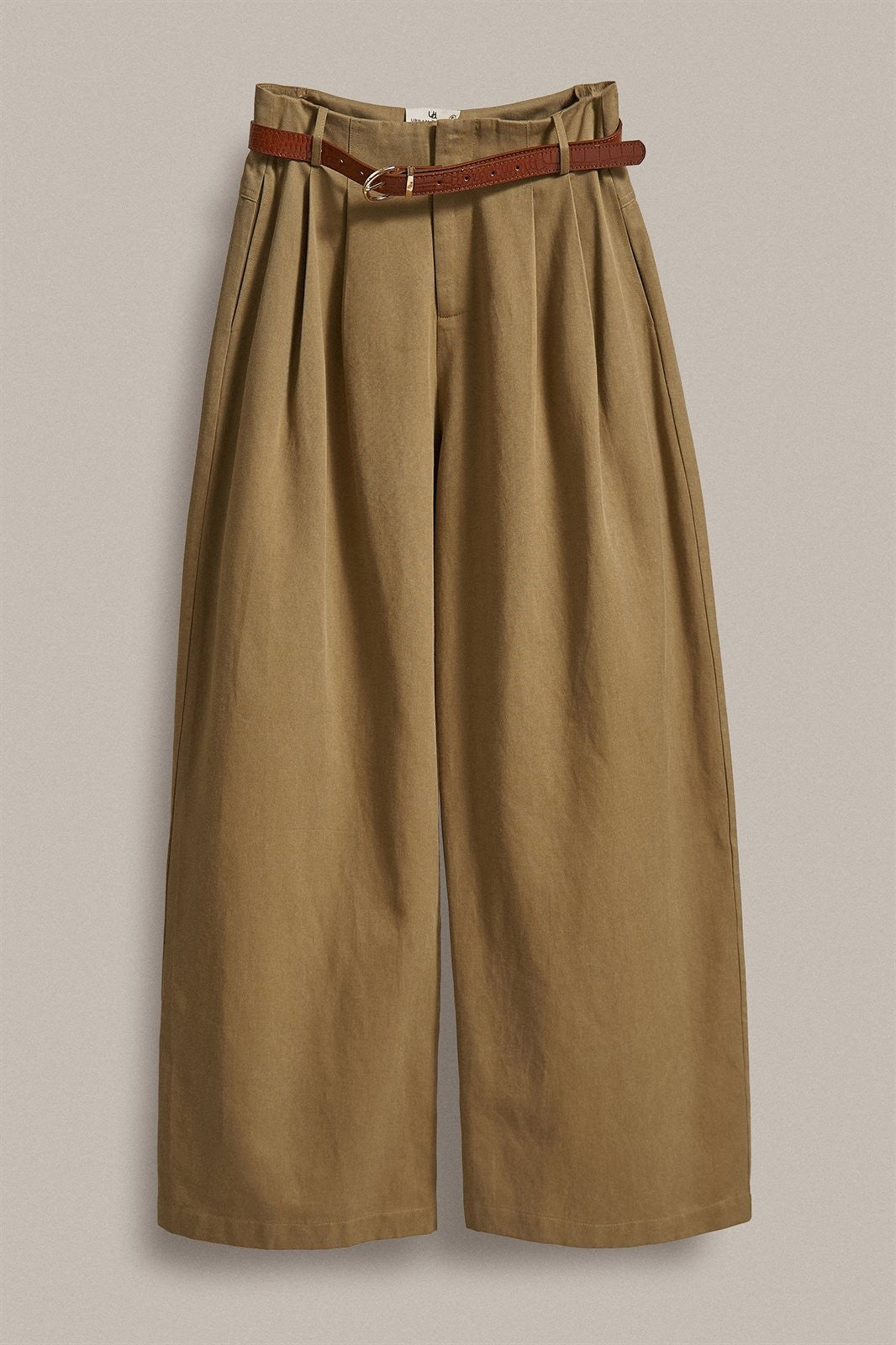 Wide Leg Pleated Trouser with Belt, Lyocell Cotton in Taupe	 - Women's Wholesale Pants | Trend Notes