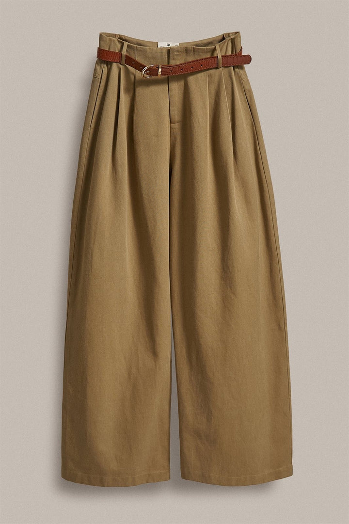 Wide Leg Pleated Trouser with Belt, Lyocell Cotton in Taupe	 - Women's Wholesale Pants | Trend Notes