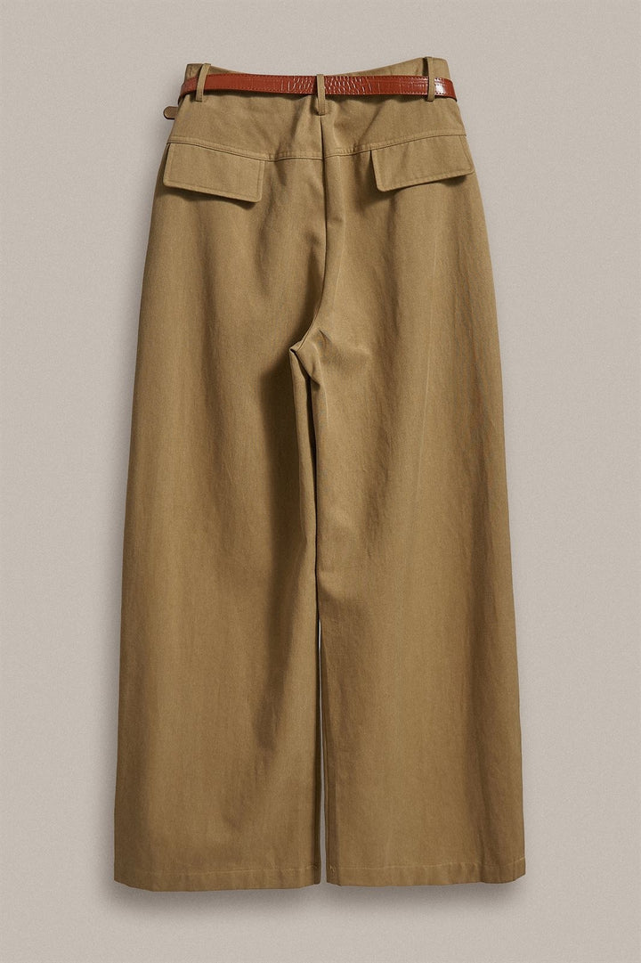Wide Leg Pleated Trouser with Belt, Lyocell Cotton in Taupe	 - Women's Wholesale Pants | Trend Notes
