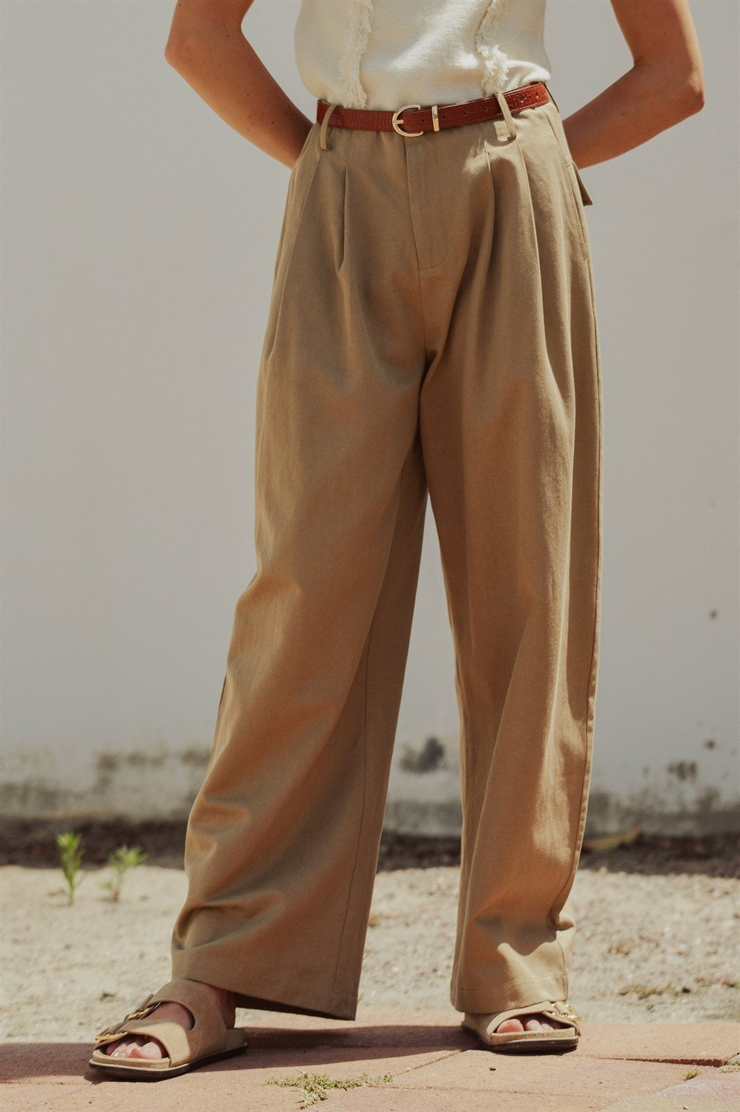Wide Leg Pleated Trouser with Belt, Lyocell Cotton in Taupe	 - Women's Wholesale Pants | Trend Notes