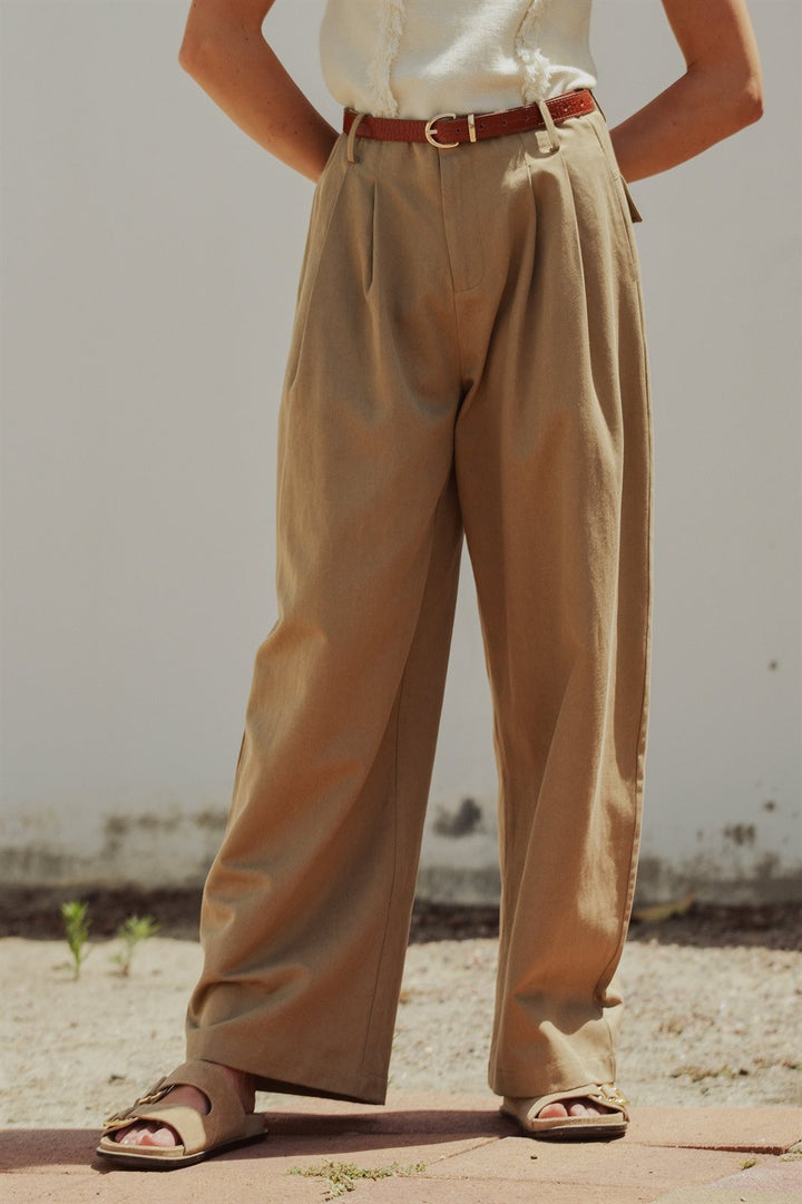 Wide Leg Pleated Trouser with Belt, Lyocell Cotton in Taupe	 - Women's Wholesale Pants | Trend Notes
