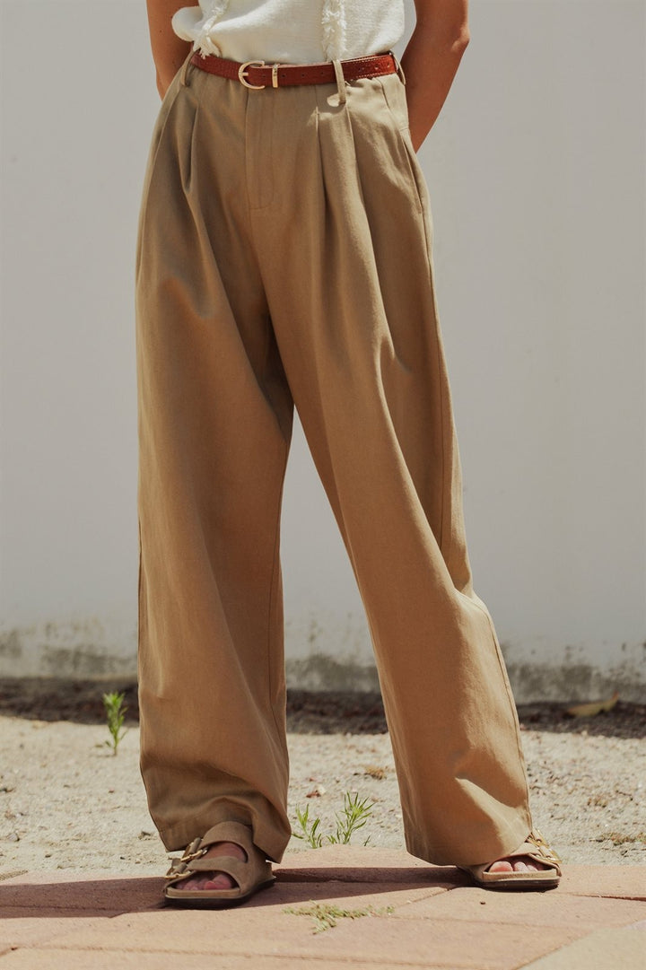 Wide Leg Pleated Trouser with Belt, Lyocell Cotton in Taupe	 - Women's Wholesale Pants | Trend Notes