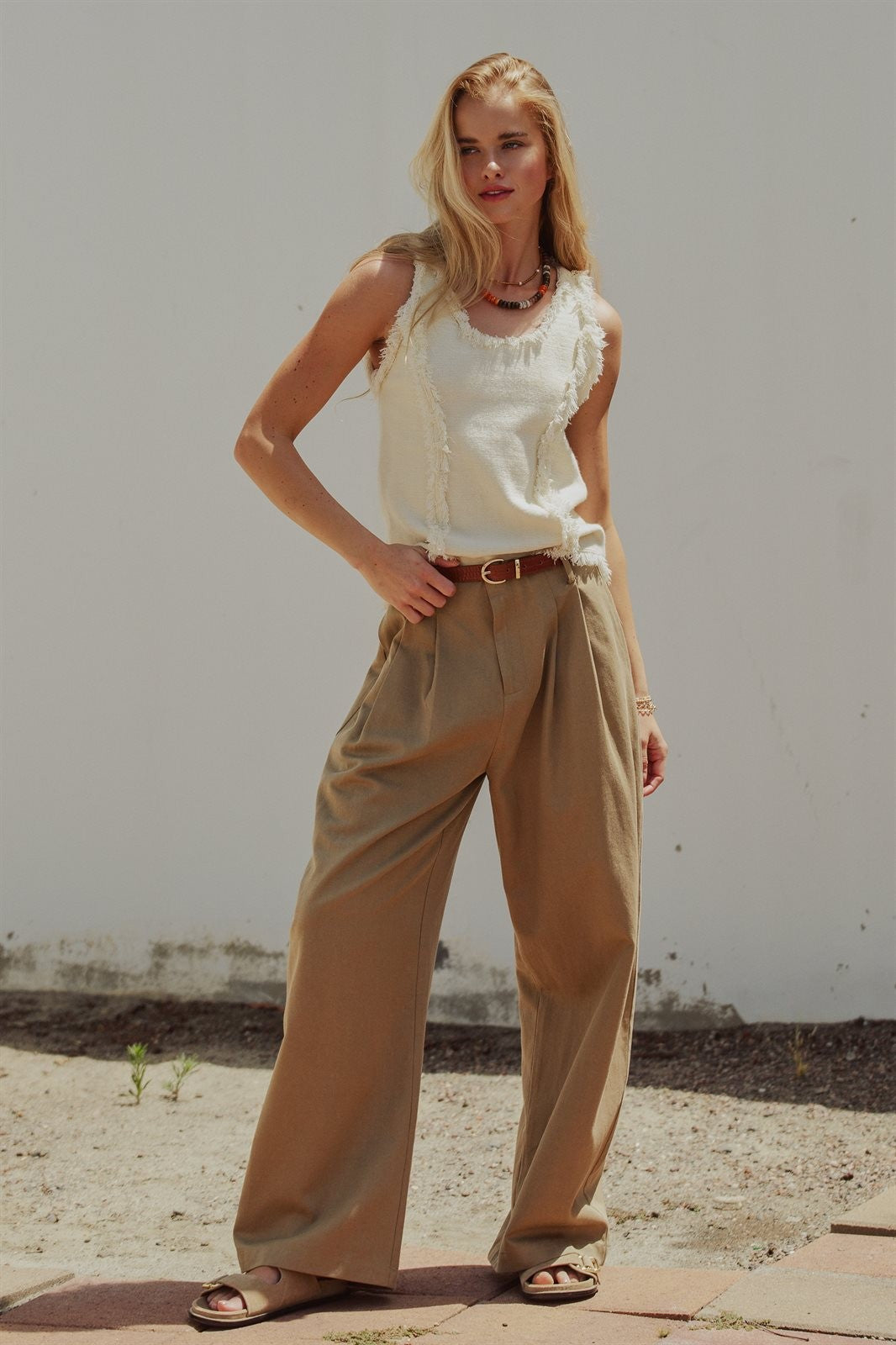 Wide Leg Pleated Trouser with Belt, Lyocell Cotton in Taupe	 - Women's Wholesale Pants | Trend Notes