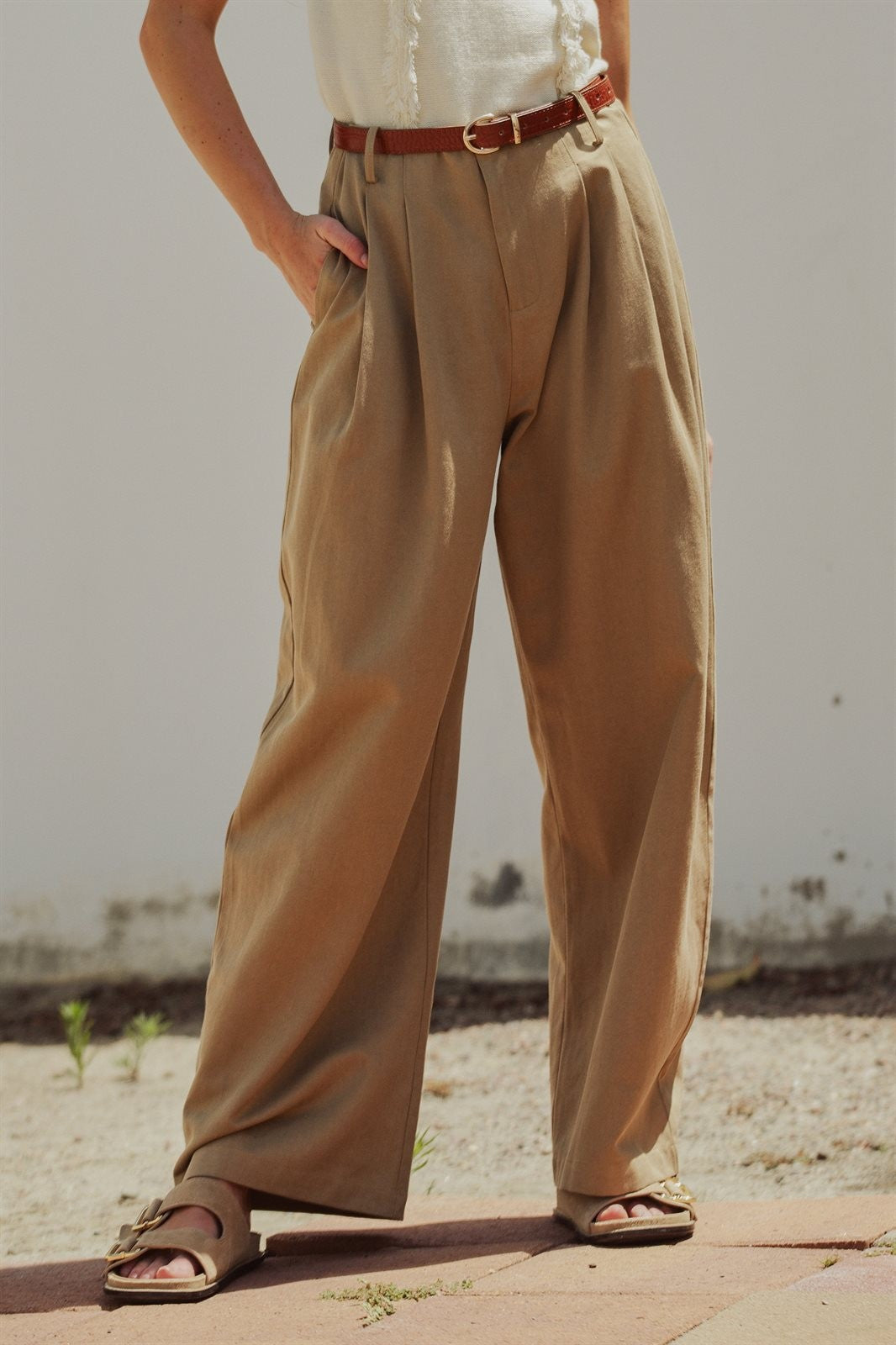 Wide Leg Pleated Trouser with Belt, Lyocell Cotton in Taupe	 - Women's Wholesale Pants | Trend Notes