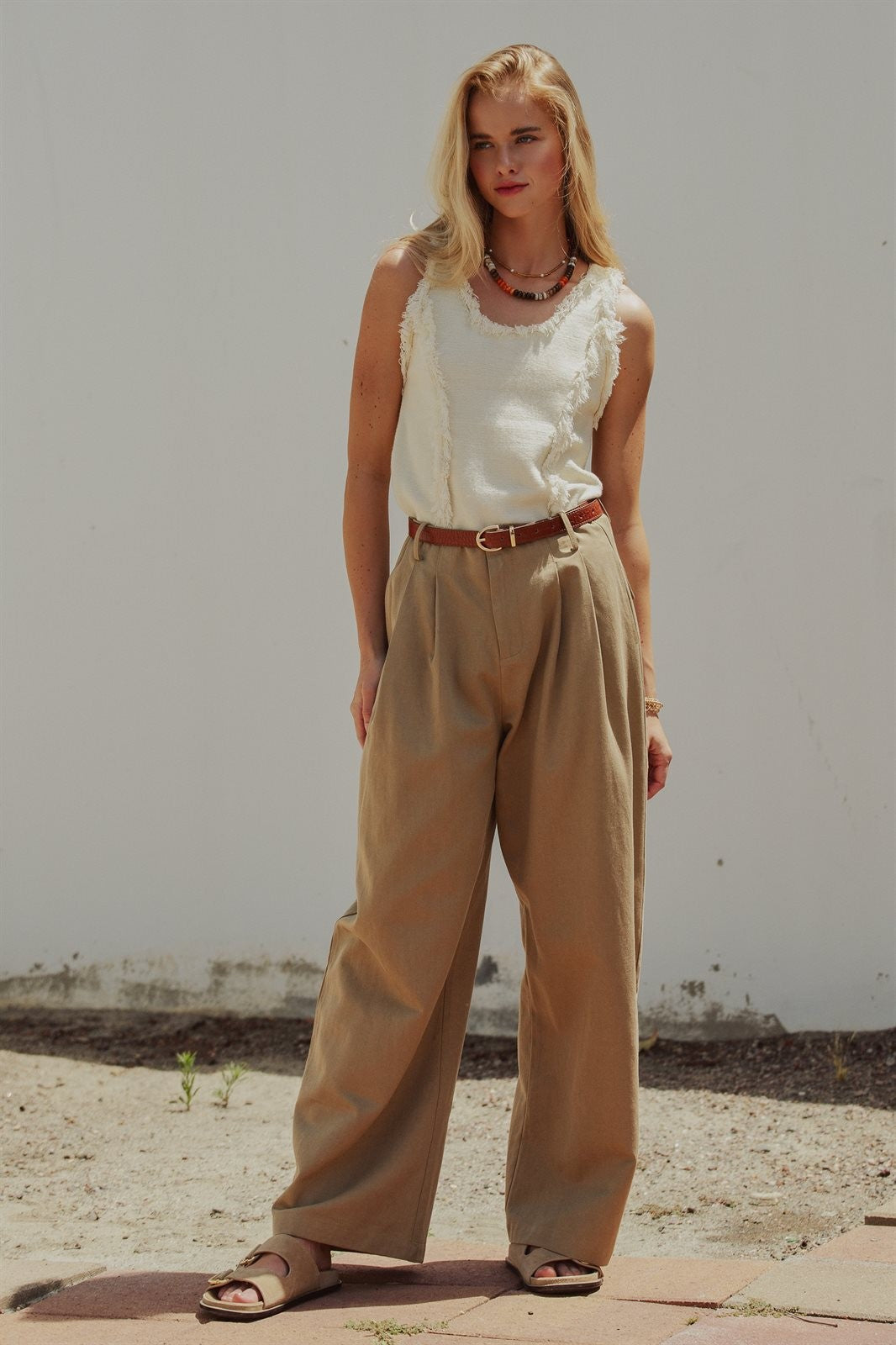 Wide Leg Pleated Trouser with Belt, Lyocell Cotton in Taupe	 - Women's Wholesale Pants | Trend Notes