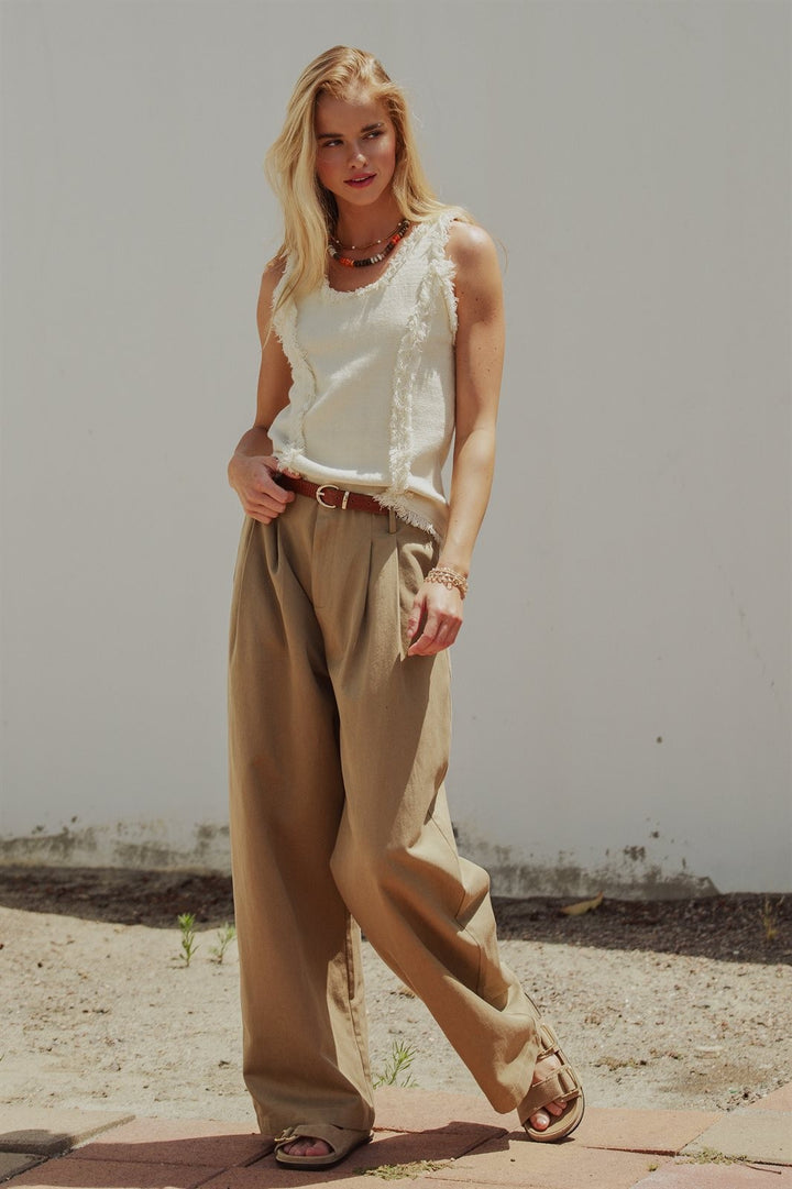 Wide Leg Pleated Trouser with Belt, Lyocell Cotton in Taupe	 - Women's Wholesale Pants | Trend Notes
