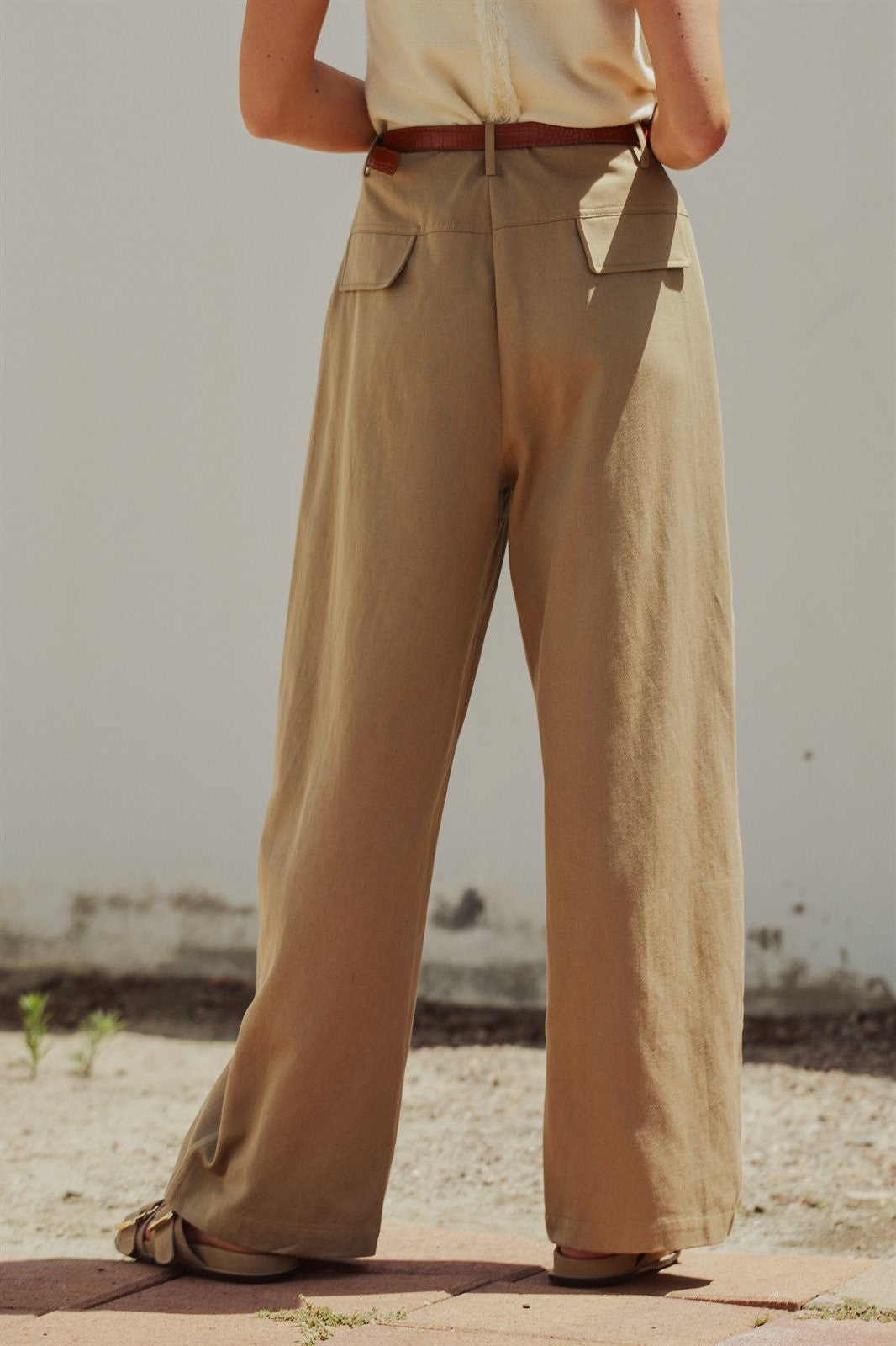 Wide Leg Pleated Trouser with Belt, Lyocell Cotton in Taupe	 - Women's Wholesale Pants | Trend Notes