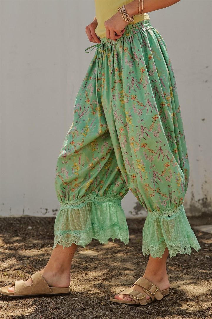 Boho Wildflower Floral Print Tonal Lace Hem Bloomer Pants Wi in Green - Women's Wholesale Pants | Trend Notes