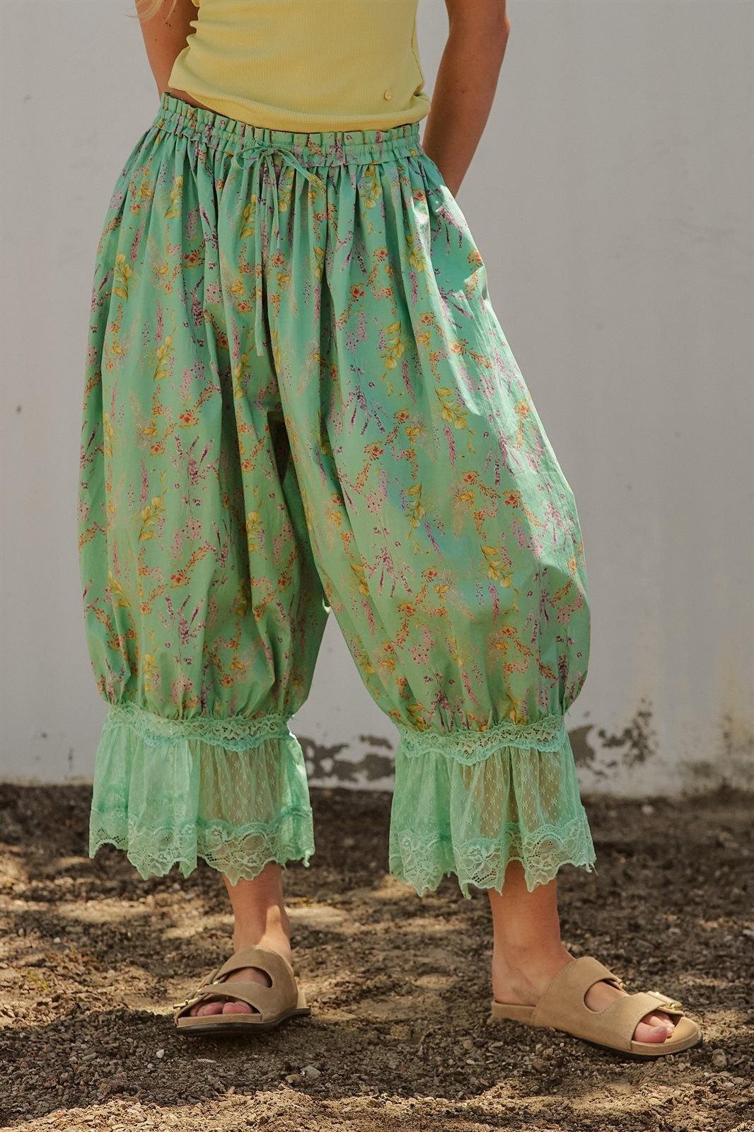 Boho Wildflower Floral Print Tonal Lace Hem Bloomer Pants Wi in Green - Women's Wholesale Pants | Trend Notes
