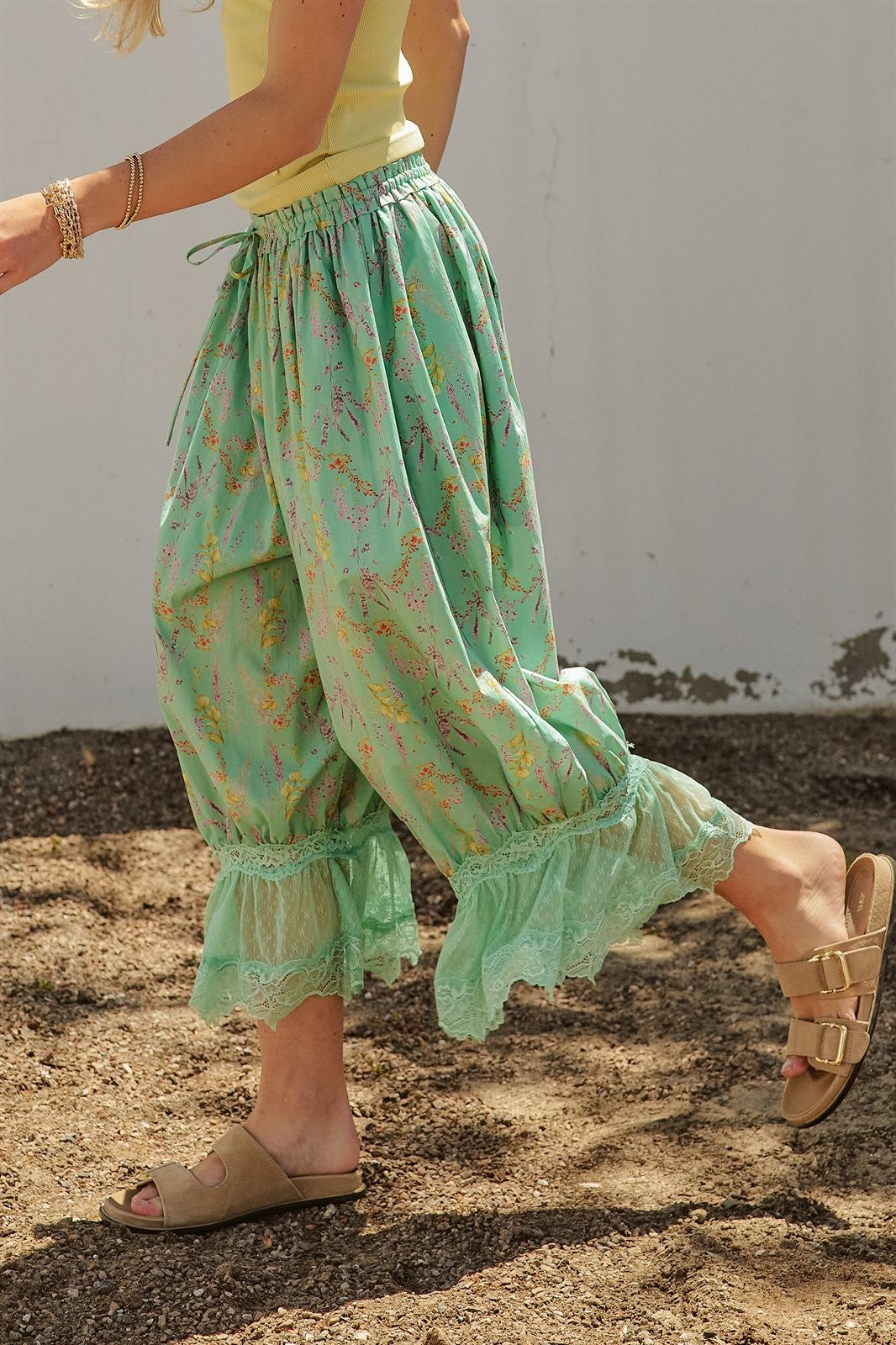 Boho Wildflower Floral Print Tonal Lace Hem Bloomer Pants Wi in Green - Women's Wholesale Pants | Trend Notes