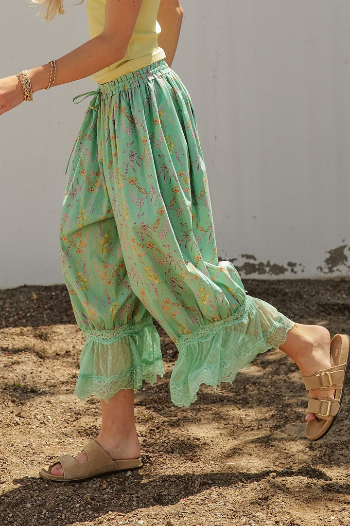 Boho Wildflower Floral Print Tonal Lace Hem Bloomer Pants Wi in Green - Women's Wholesale Pants | Trend Notes
