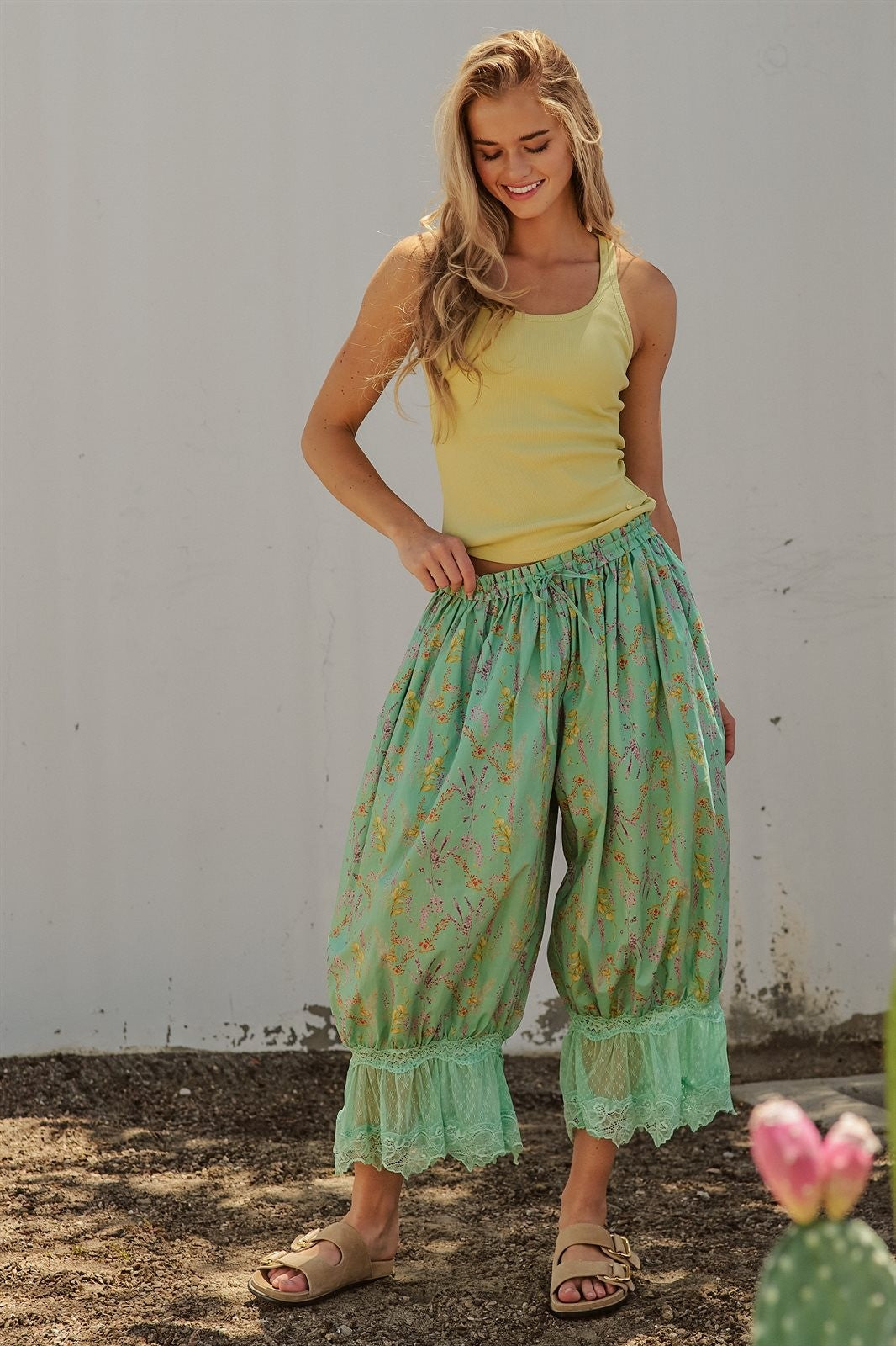Boho Wildflower Floral Print Tonal Lace Hem Bloomer Pants Wi in Green - Women's Wholesale Pants | Trend Notes