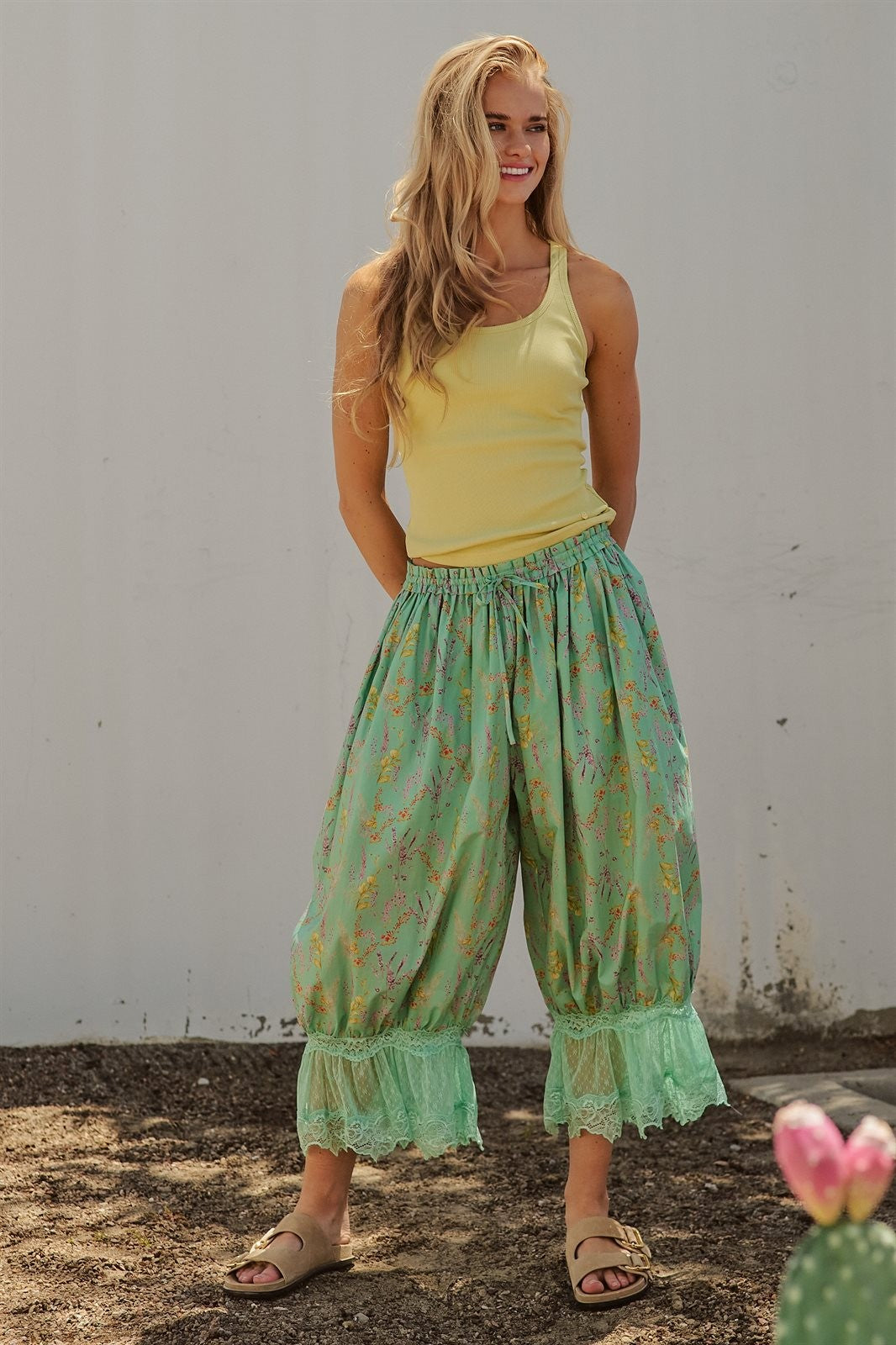 Boho Wildflower Floral Print Tonal Lace Hem Bloomer Pants Wi in Green - Women's Wholesale Pants | Trend Notes