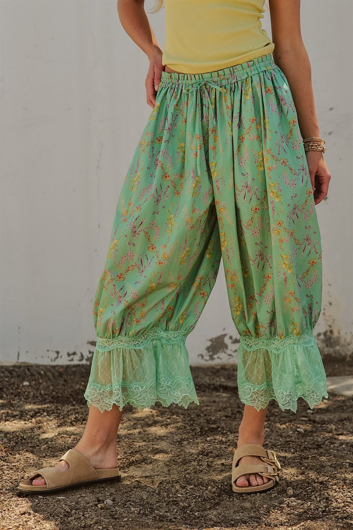 Boho Wildflower Floral Print Tonal Lace Hem Bloomer Pants Wi in Green - Women's Wholesale Pants | Trend Notes