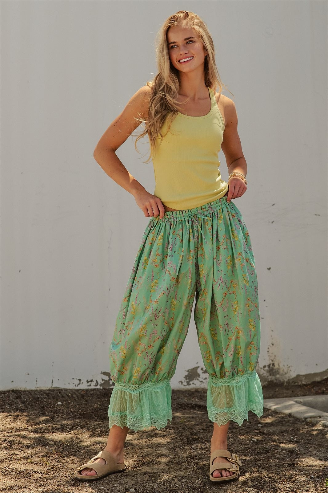 Boho Wildflower Floral Print Tonal Lace Hem Bloomer Pants Wi in Green - Women's Wholesale Pants | Trend Notes