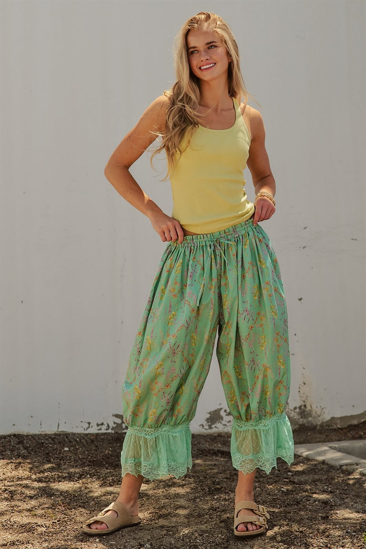 Boho Wildflower Floral Print Tonal Lace Hem Bloomer Pants Wi in Green - Women's Wholesale Pants | Trend Notes