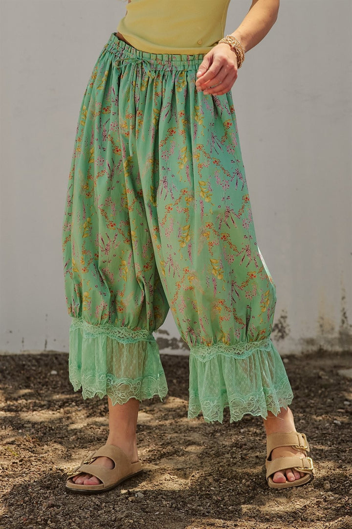 Boho Wildflower Floral Print Tonal Lace Hem Bloomer Pants Wi in Green - Women's Wholesale Pants | Trend Notes