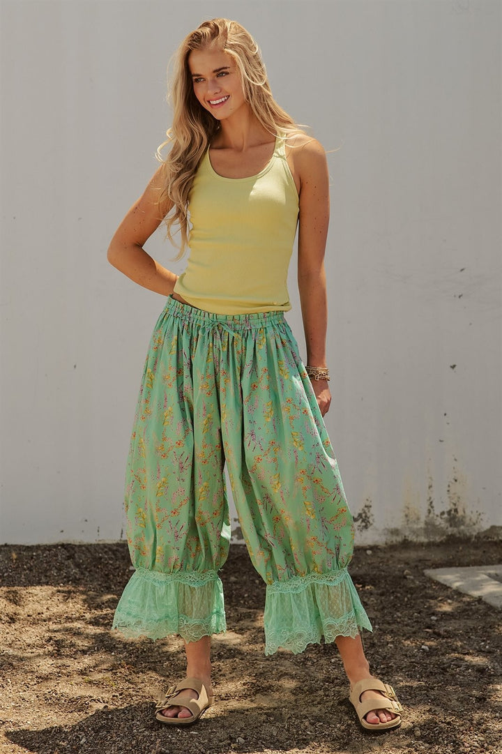 Boho Wildflower Floral Print Tonal Lace Hem Bloomer Pants Wi in Green - Women's Wholesale Pants | Trend Notes