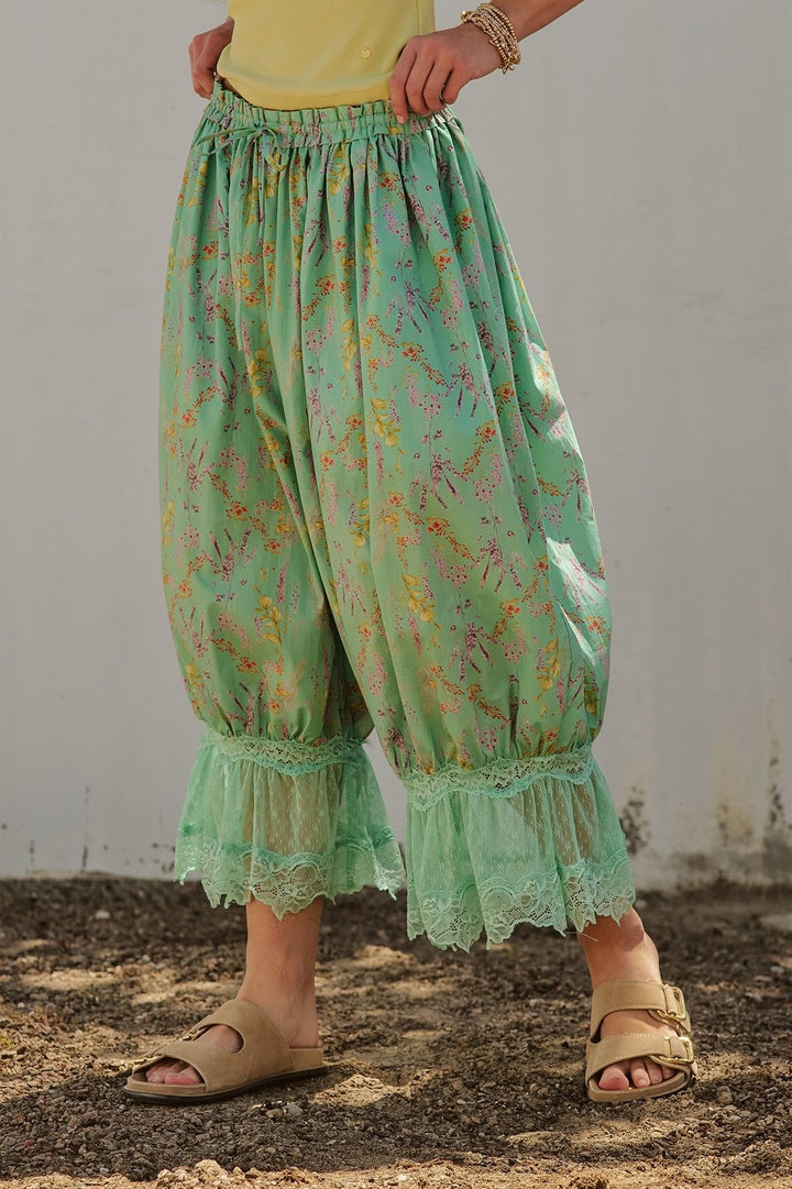 Boho Wildflower Floral Print Tonal Lace Hem Bloomer Pants Wi in Green - Women's Wholesale Pants | Trend Notes