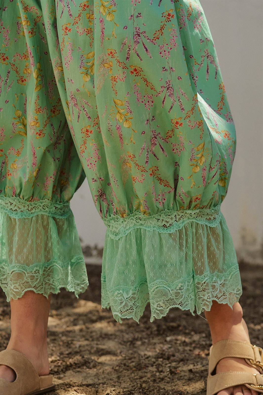 Boho Wildflower Floral Print Tonal Lace Hem Bloomer Pants Wi in Green - Women's Wholesale Pants | Trend Notes