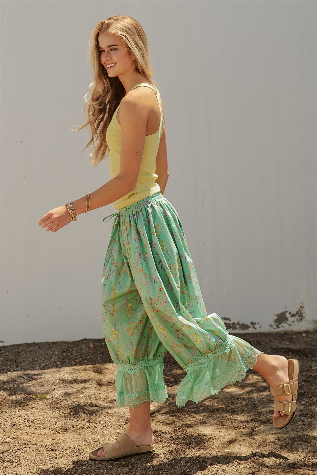 Boho Wildflower Floral Print Tonal Lace Hem Bloomer Pants Wi in Green - Women's Wholesale Pants | Trend Notes