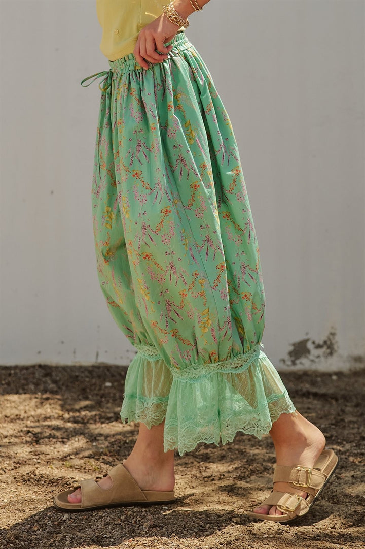 Boho Wildflower Floral Print Tonal Lace Hem Bloomer Pants Wi in Green - Women's Wholesale Pants | Trend Notes