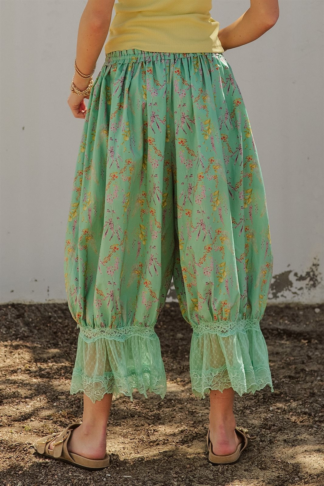 Boho Wildflower Floral Print Tonal Lace Hem Bloomer Pants Wi in Green - Women's Wholesale Pants | Trend Notes