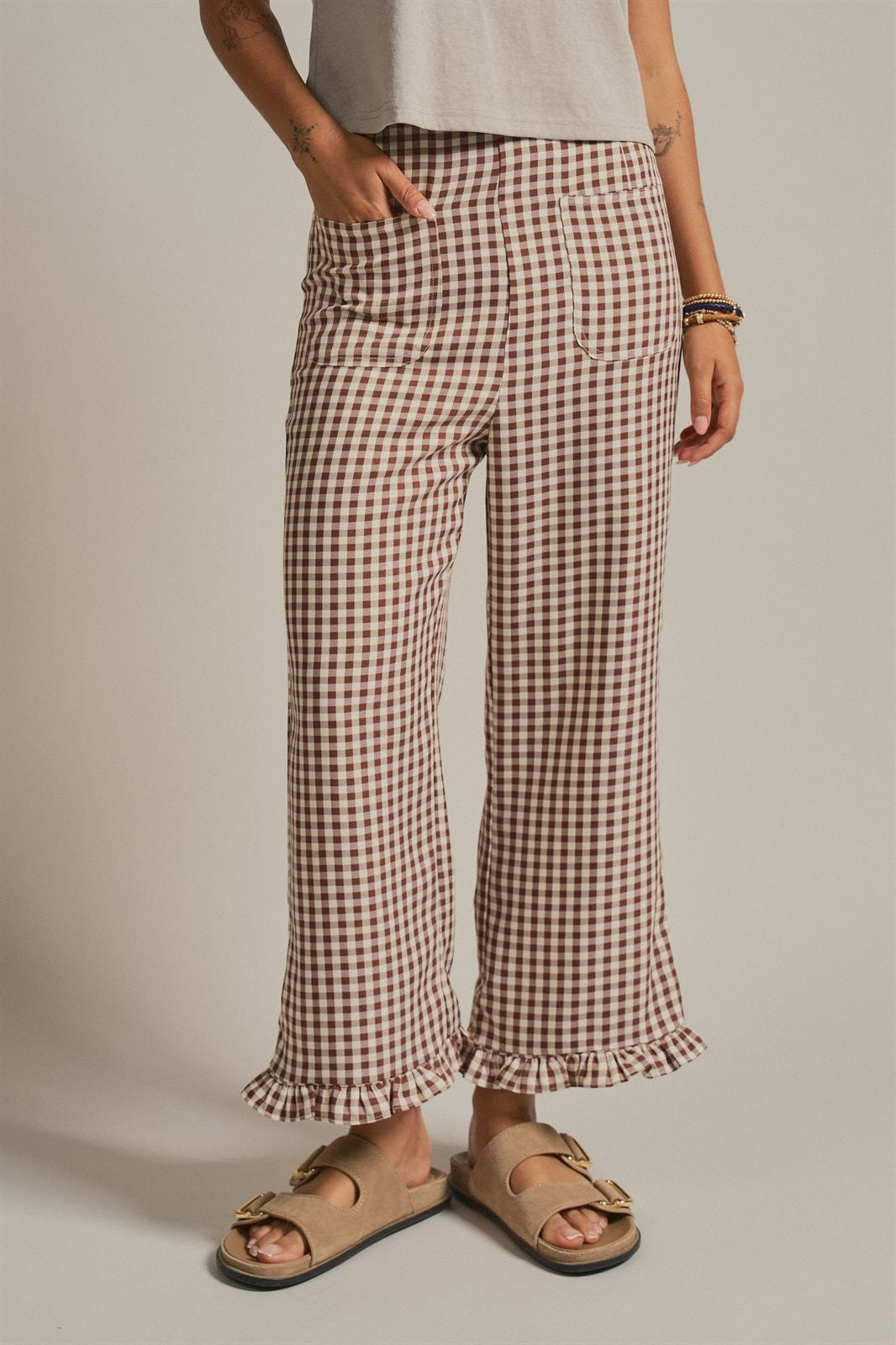 Gingham Ruffle Hem Cropped Wide Leg Pants in Brown in Brown - Women's Wholesale Pants | Trend Notes