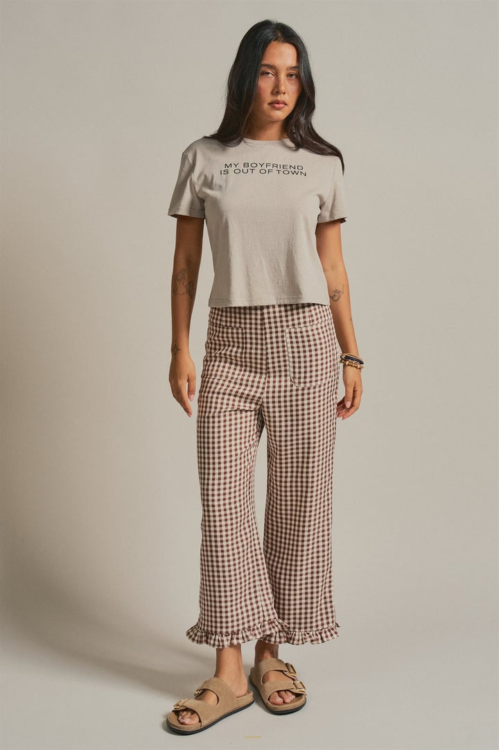 Gingham Ruffle Hem Cropped Wide Leg Pants in Brown in Brown - Women's Wholesale Pants | Trend Notes