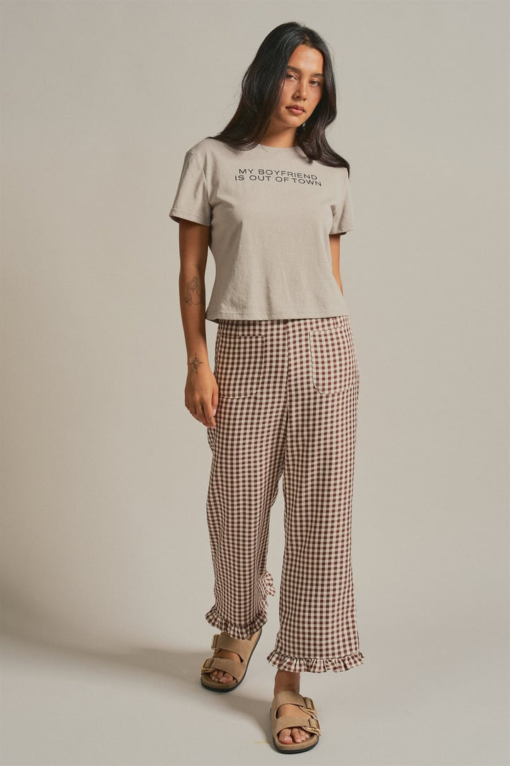 Gingham Ruffle Hem Cropped Wide Leg Pants in Brown in Brown - Women's Wholesale Pants | Trend Notes