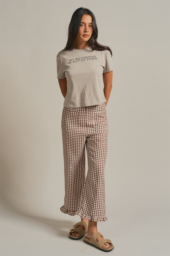 Gingham Ruffle Hem Cropped Wide Leg Pants in Brown in Brown - Women's Wholesale Pants | Trend Notes