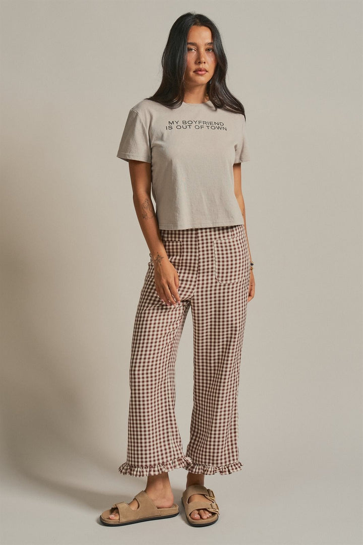 Gingham Ruffle Hem Cropped Wide Leg Pants in Brown in Brown - Women's Wholesale Pants | Trend Notes