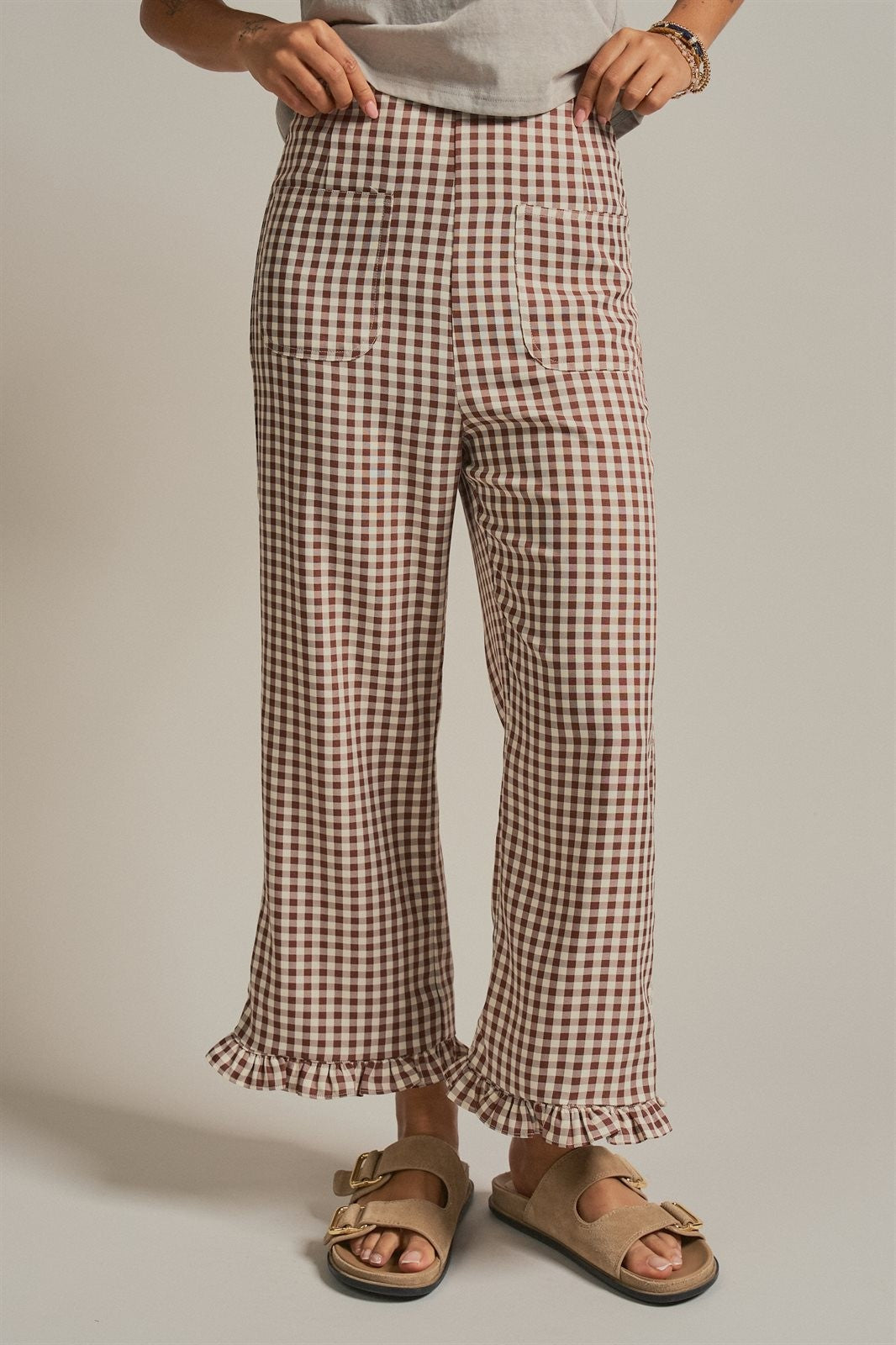 Gingham Ruffle Hem Cropped Wide Leg Pants in Brown in Brown - Women's Wholesale Pants | Trend Notes