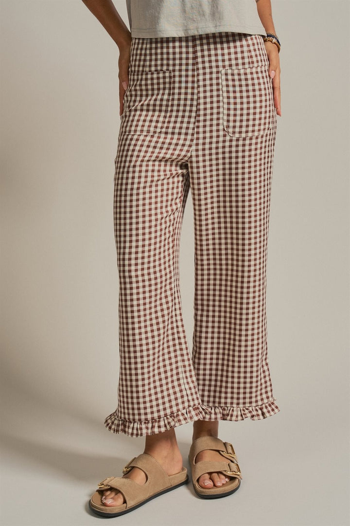Gingham Ruffle Hem Cropped Wide Leg Pants in Brown in Brown - Women's Wholesale Pants | Trend Notes