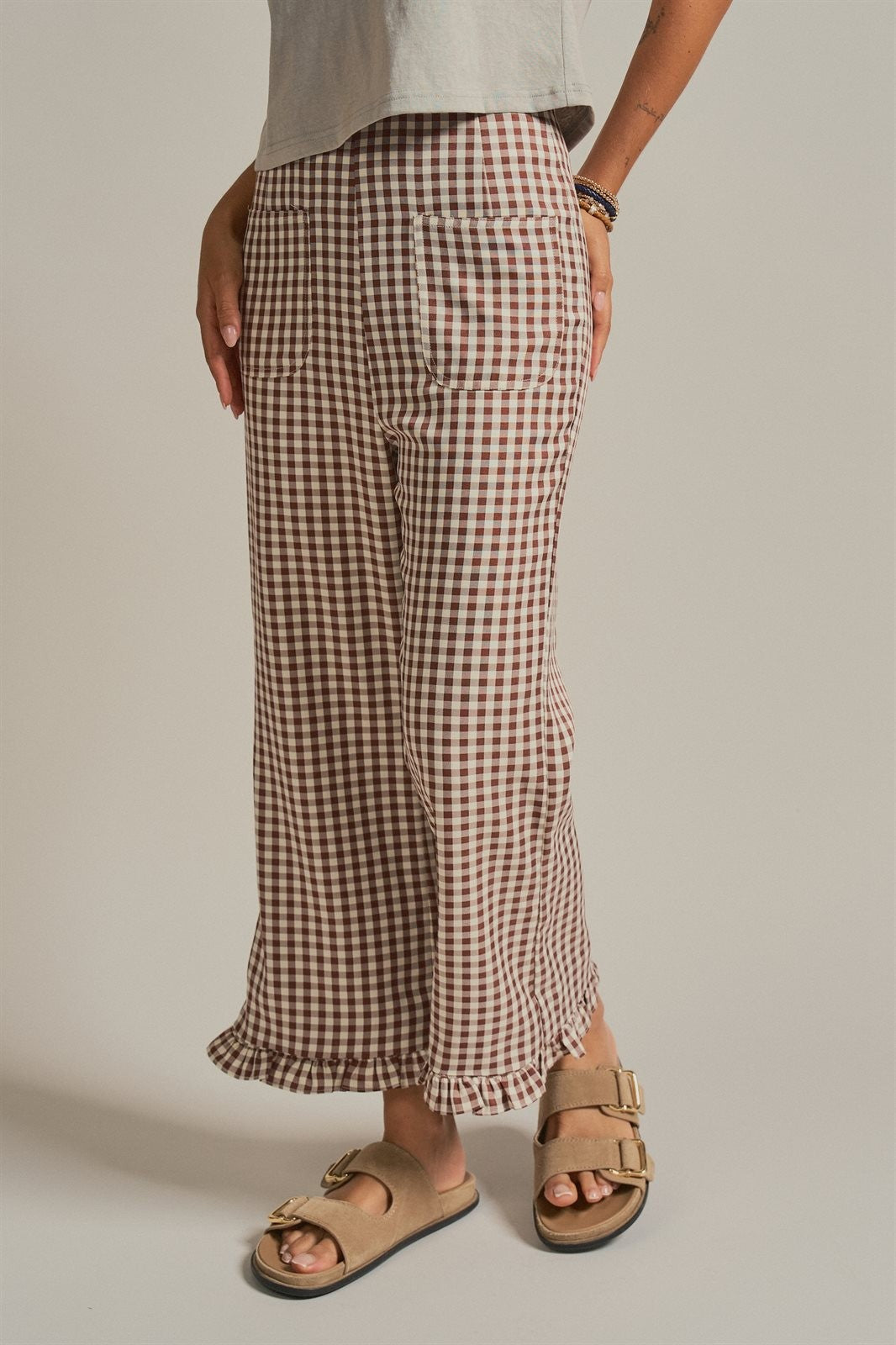 Gingham Ruffle Hem Cropped Wide Leg Pants in Brown in Brown - Women's Wholesale Pants | Trend Notes