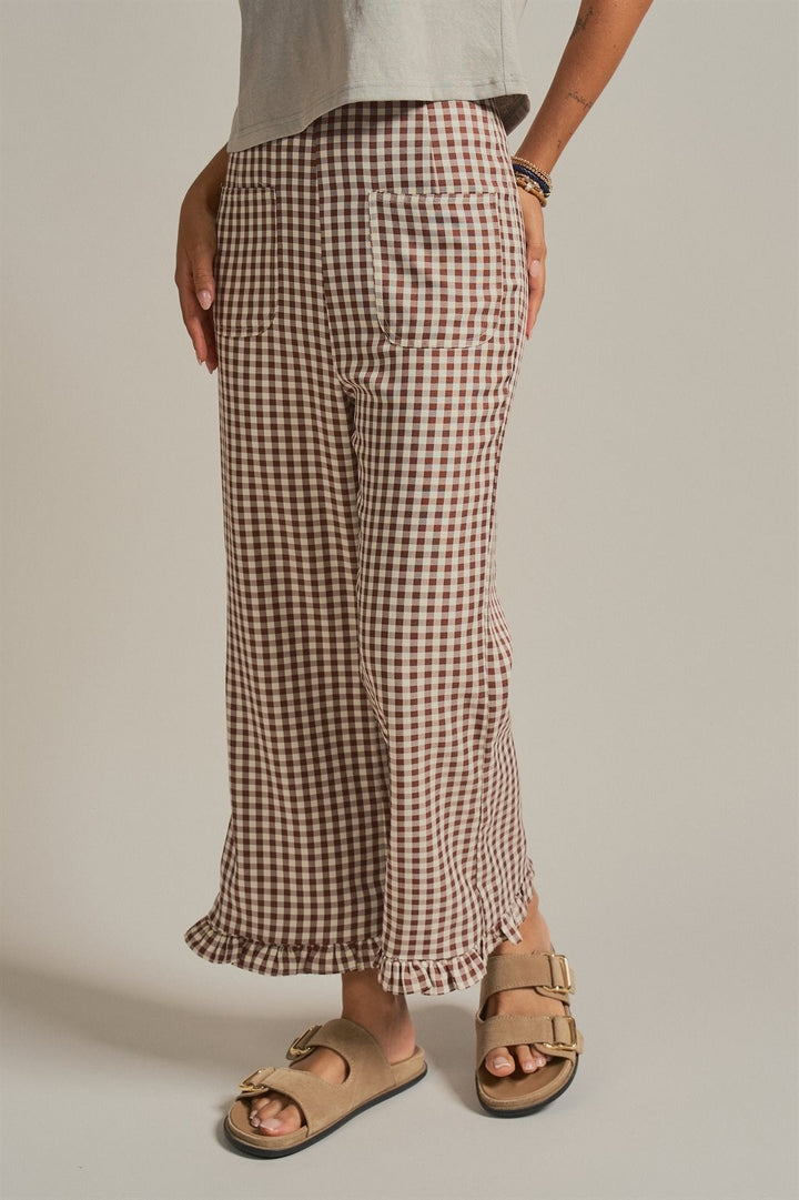 Gingham Ruffle Hem Cropped Wide Leg Pants in Brown in Brown - Women's Wholesale Pants | Trend Notes