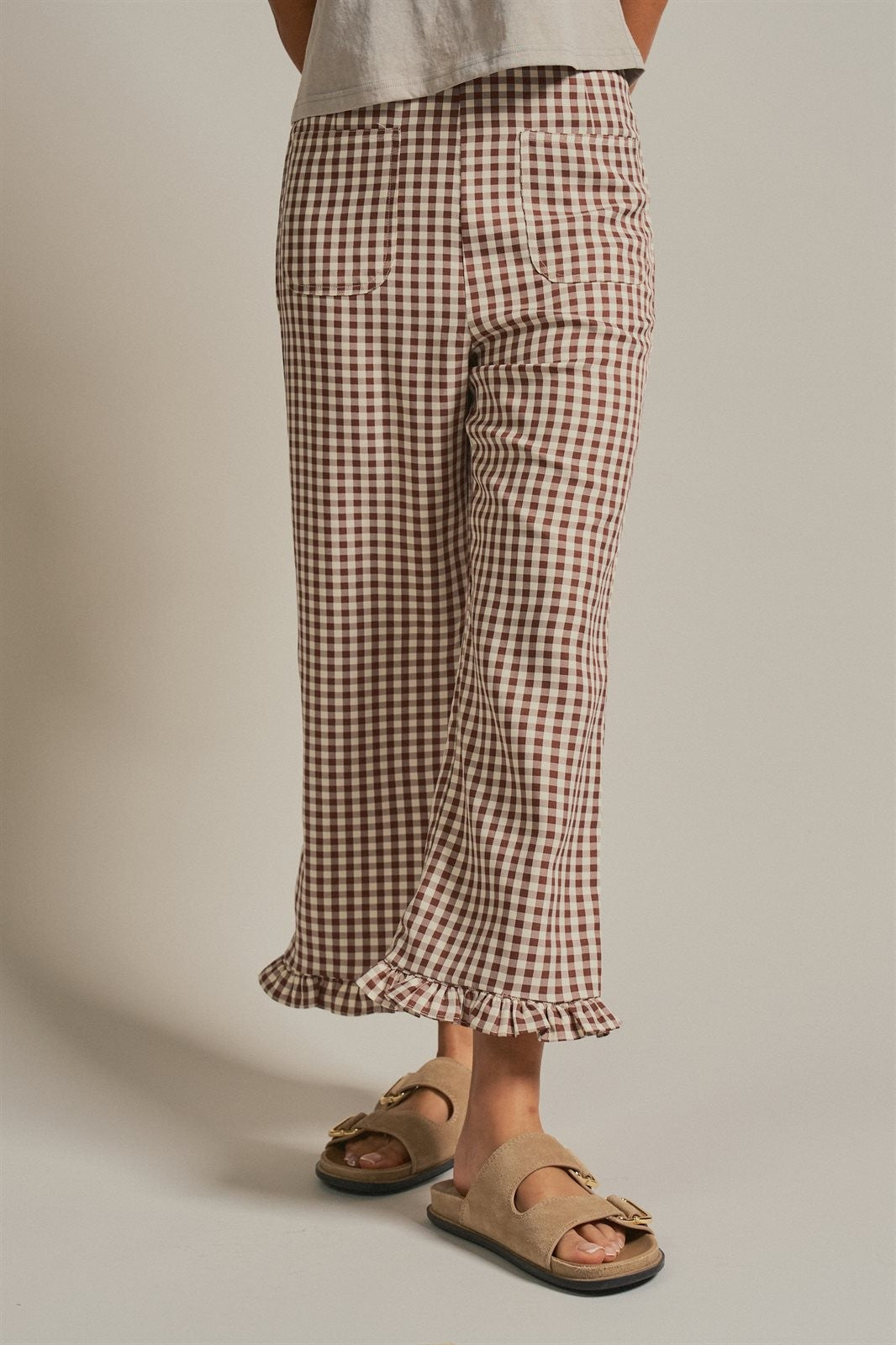 Gingham Ruffle Hem Cropped Wide Leg Pants in Brown in Brown - Women's Wholesale Pants | Trend Notes