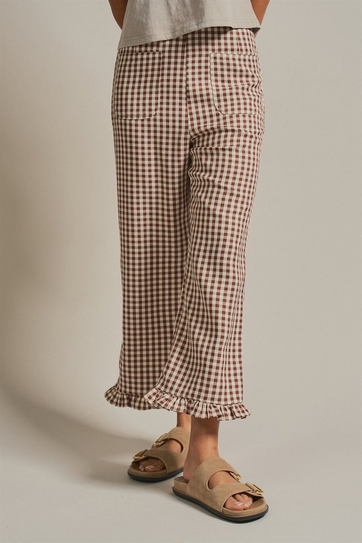 Gingham Ruffle Hem Cropped Wide Leg Pants in Brown in Brown - Women's Wholesale Pants | Trend Notes