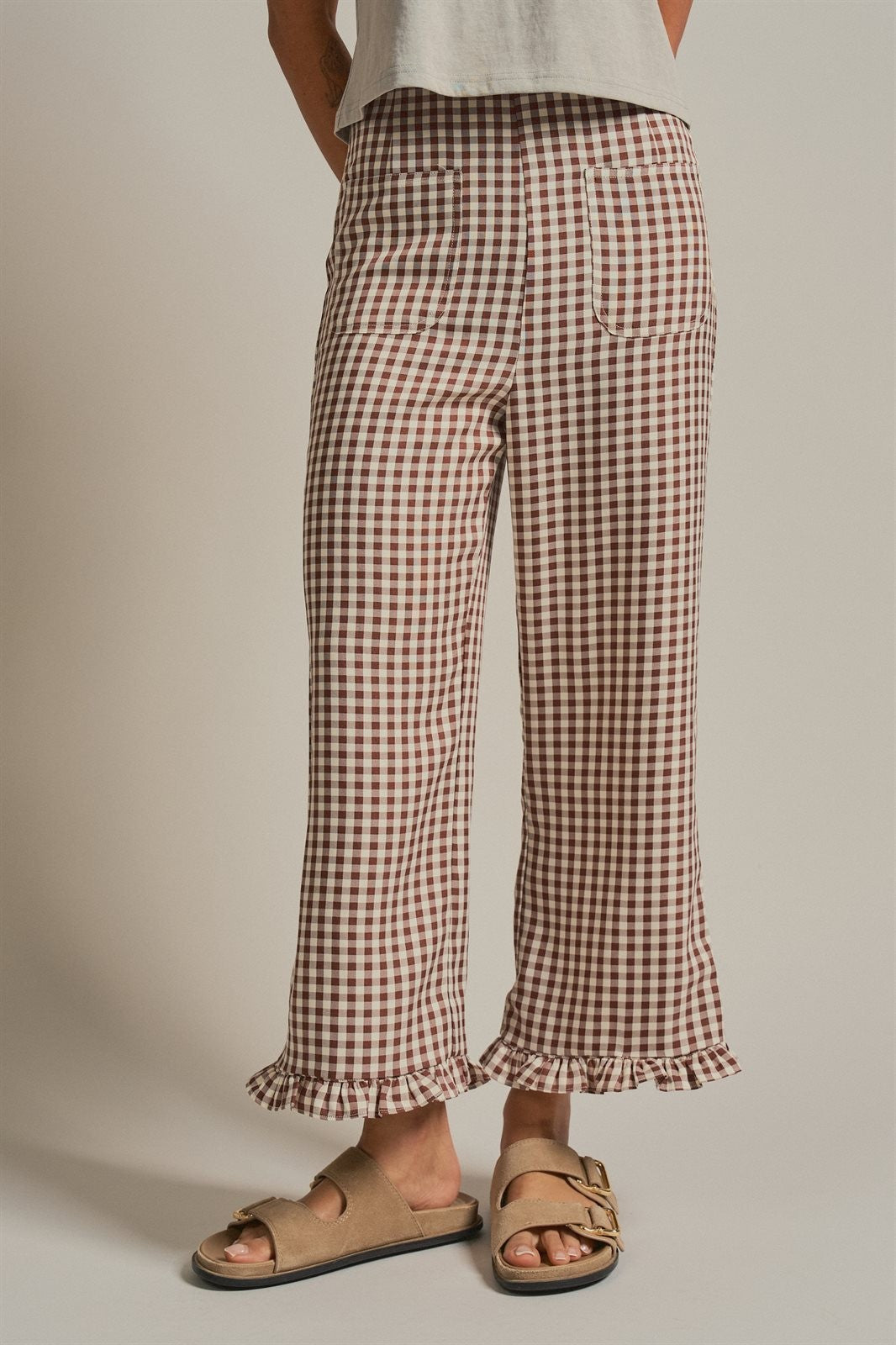 Gingham Ruffle Hem Cropped Wide Leg Pants in Brown in Brown - Women's Wholesale Pants | Trend Notes