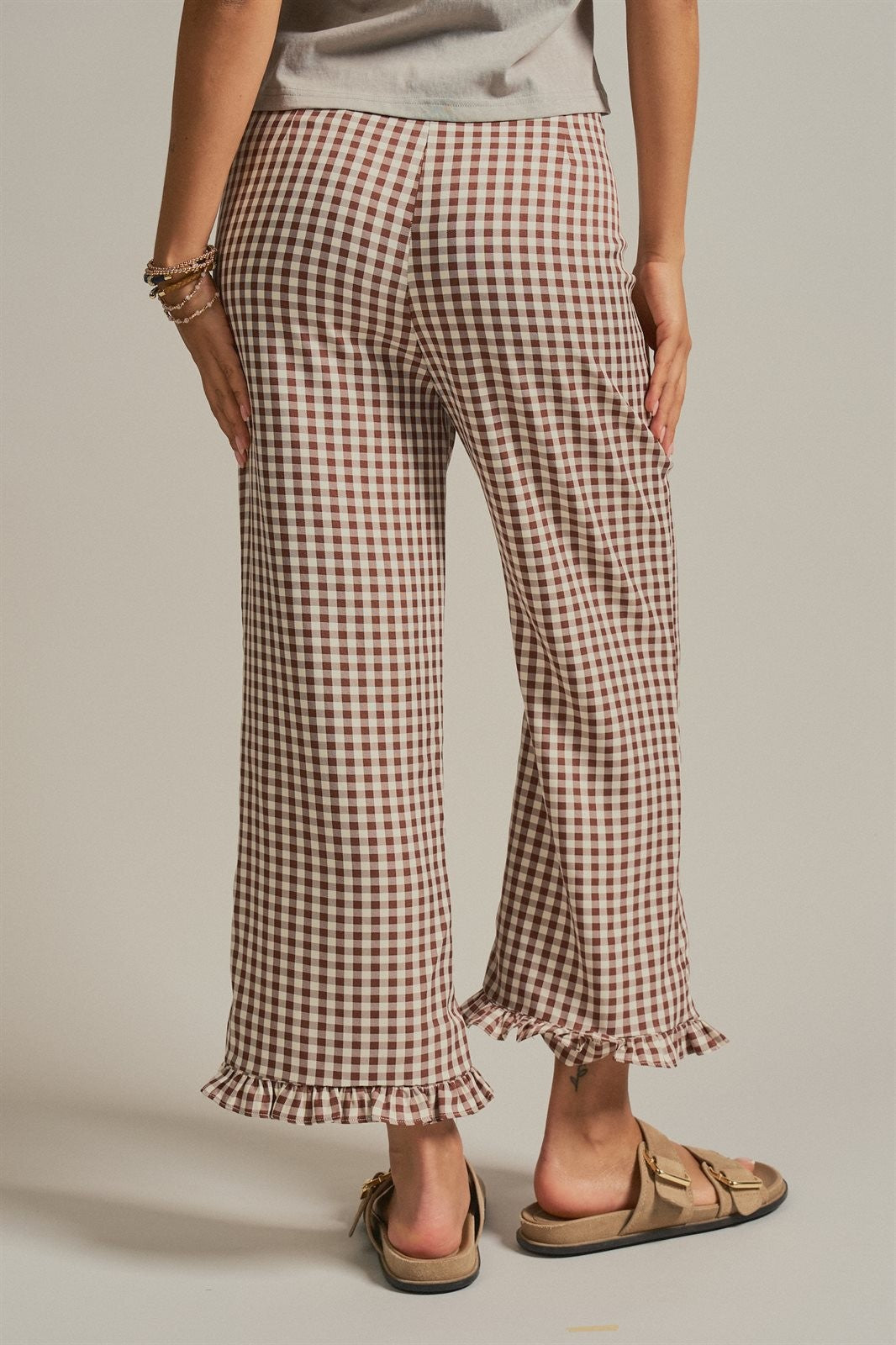 Gingham Ruffle Hem Cropped Wide Leg Pants in Brown in Brown - Women's Wholesale Pants | Trend Notes