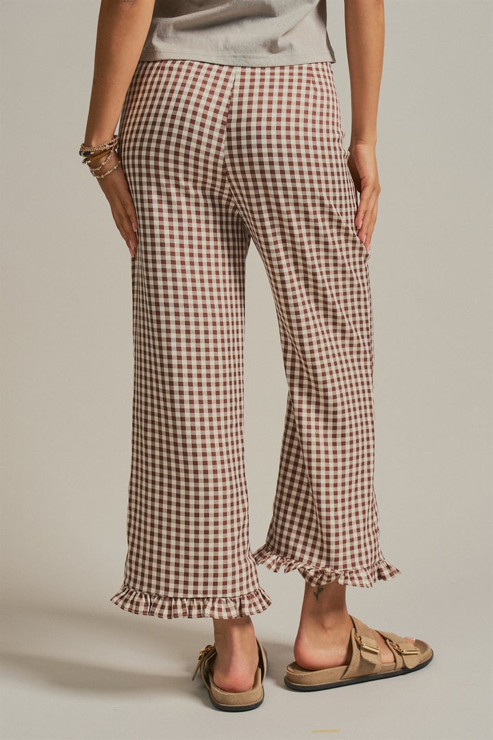 Gingham Ruffle Hem Cropped Wide Leg Pants in Brown in Brown - Women's Wholesale Pants | Trend Notes