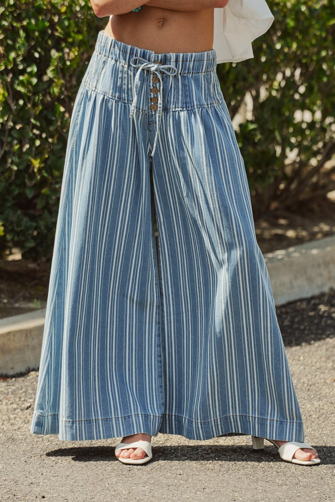Striped Denim Wide Leg Palazzo Pants Vintage Wash Boho Coast in Lt Denim - Women's Wholesale Pants | Trend Notes