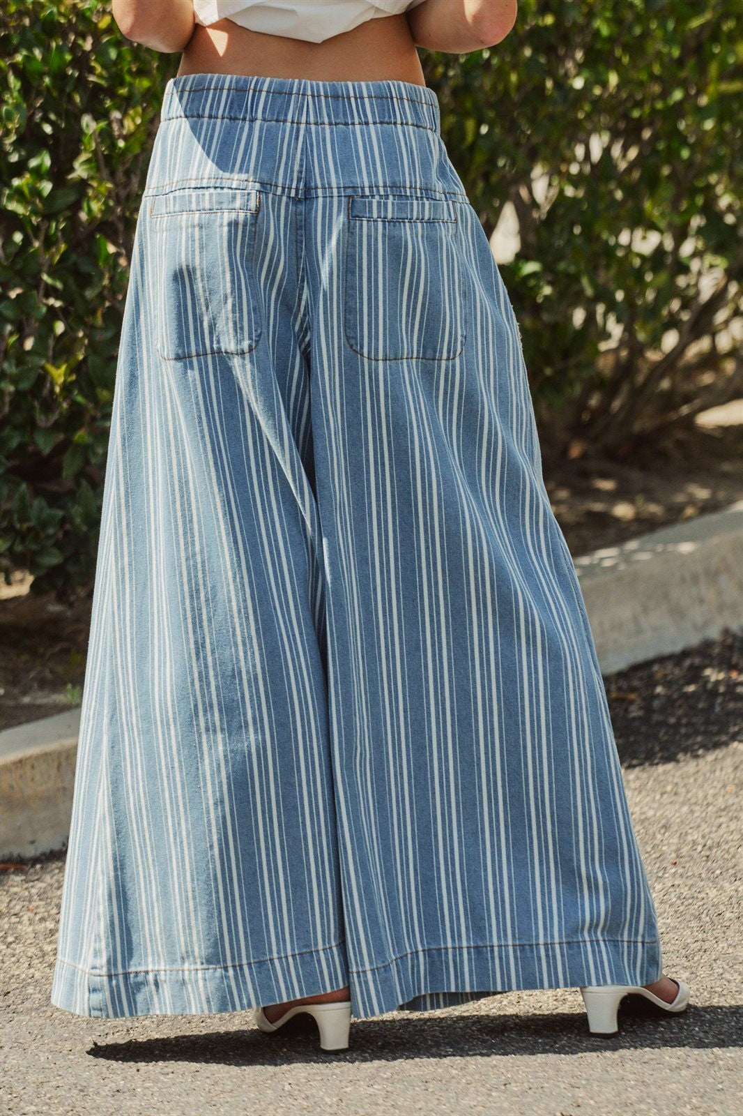 Striped Denim Wide Leg Palazzo Pants Vintage Wash Boho Coast in Lt Denim - Women's Wholesale Pants | Trend Notes