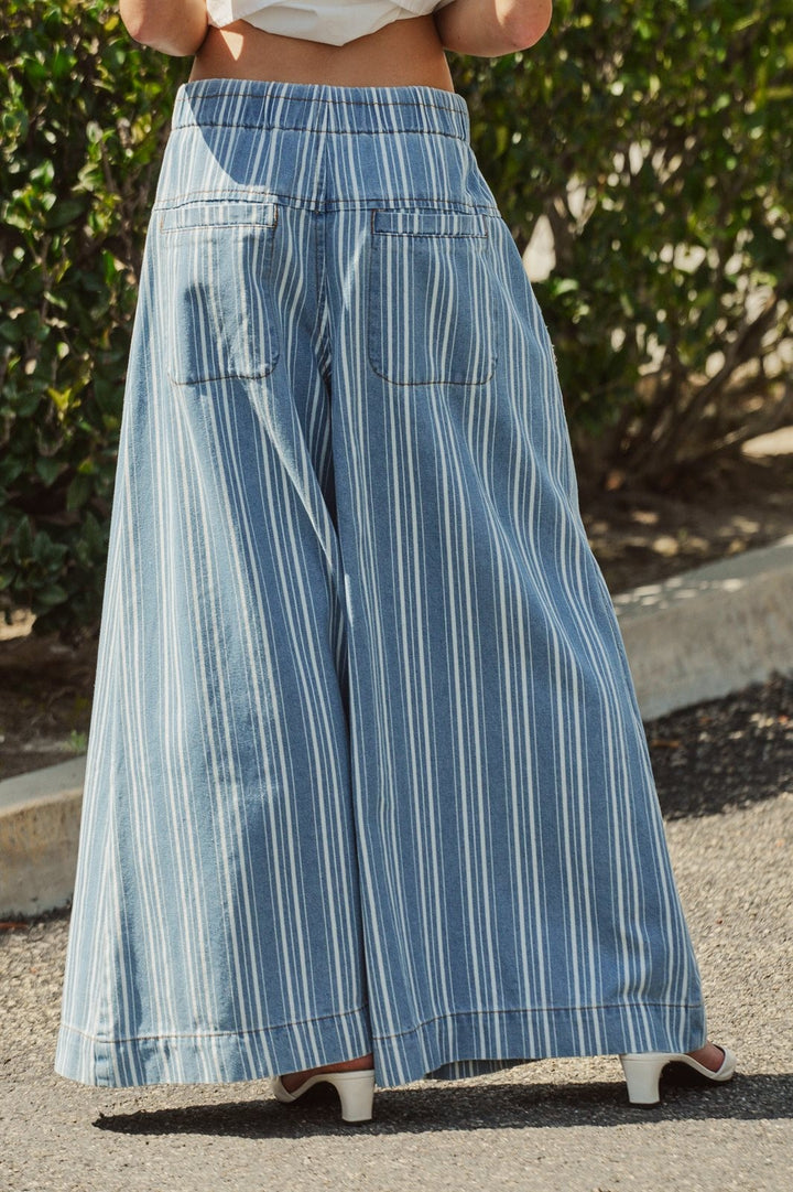Striped Denim Wide Leg Palazzo Pants Vintage Wash Boho Coast in Lt Denim - Women's Wholesale Pants | Trend Notes