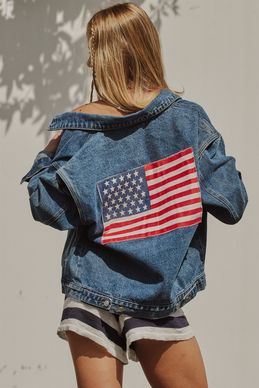 American Flag Patch Denim Jacket Patriotic 4th of July Ameri in Denim - Women's Wholesale Pants | Trend Notes